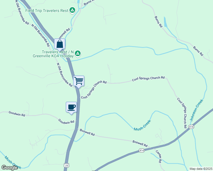 map of restaurants, bars, coffee shops, grocery stores, and more near 73 Cool Springs Church Road in Travelers Rest