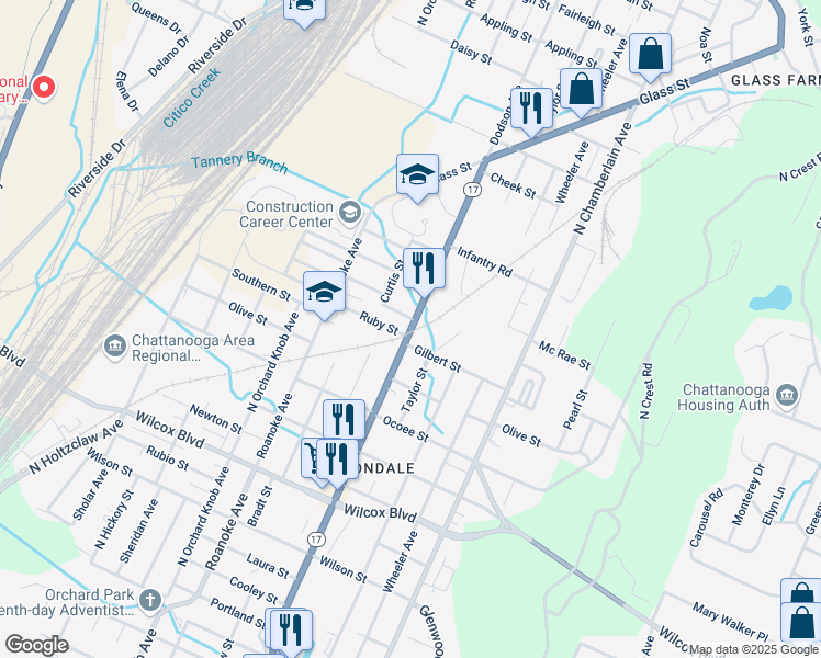 map of restaurants, bars, coffee shops, grocery stores, and more near 2040 Ruby Street in Chattanooga