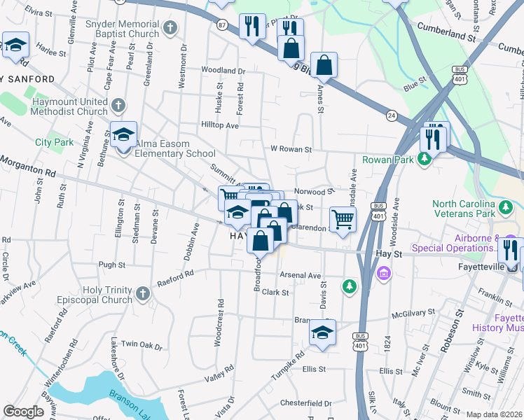 map of restaurants, bars, coffee shops, grocery stores, and more near 813 Mandolin Court in Fayetteville