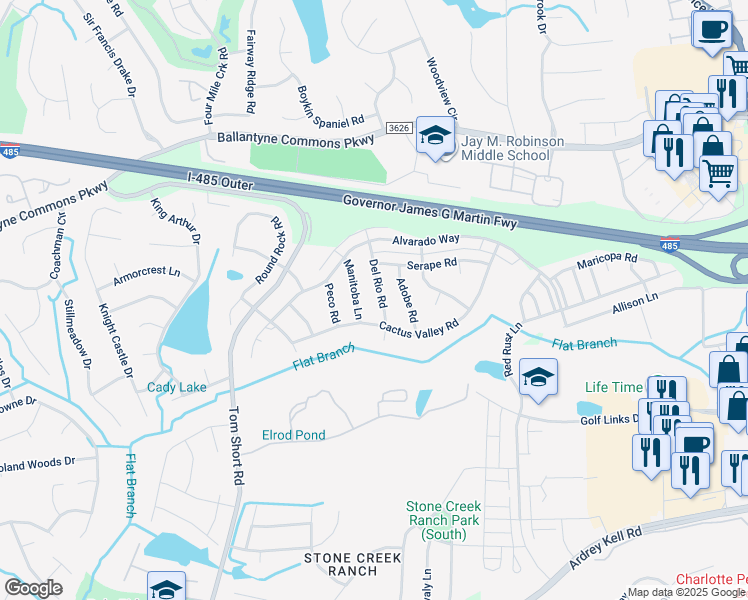 map of restaurants, bars, coffee shops, grocery stores, and more near 6514 Del Rio Road in Charlotte