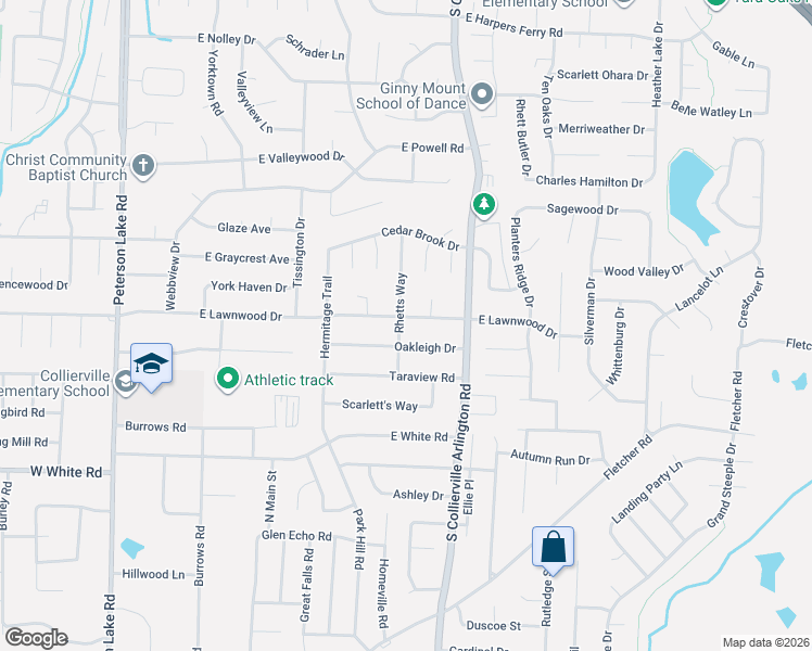 map of restaurants, bars, coffee shops, grocery stores, and more near 369 East Lawnwood Drive in Collierville