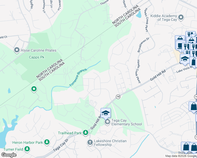map of restaurants, bars, coffee shops, grocery stores, and more near 2964 Deer Creek Drive in Fort Mill