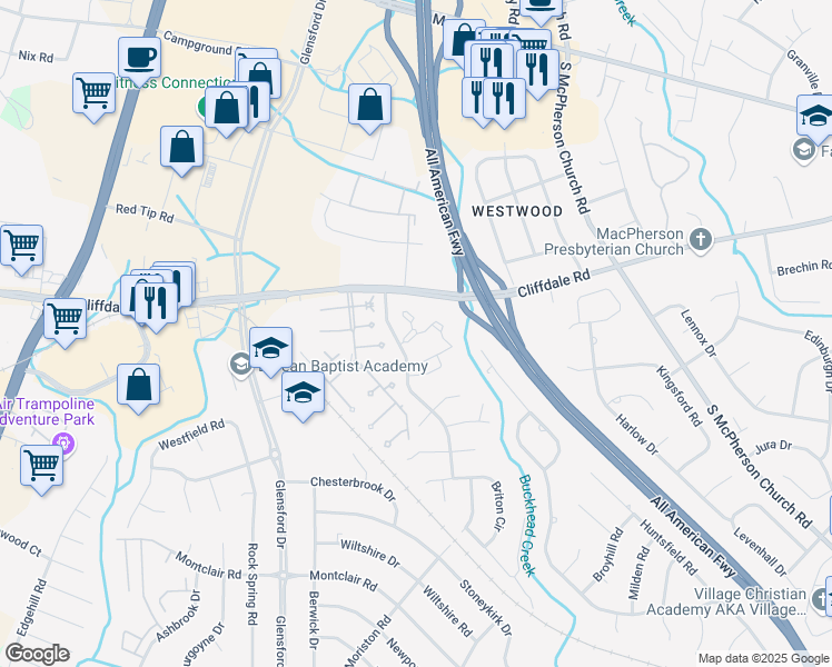 map of restaurants, bars, coffee shops, grocery stores, and more near 445 Tradewinds Drive in Fayetteville