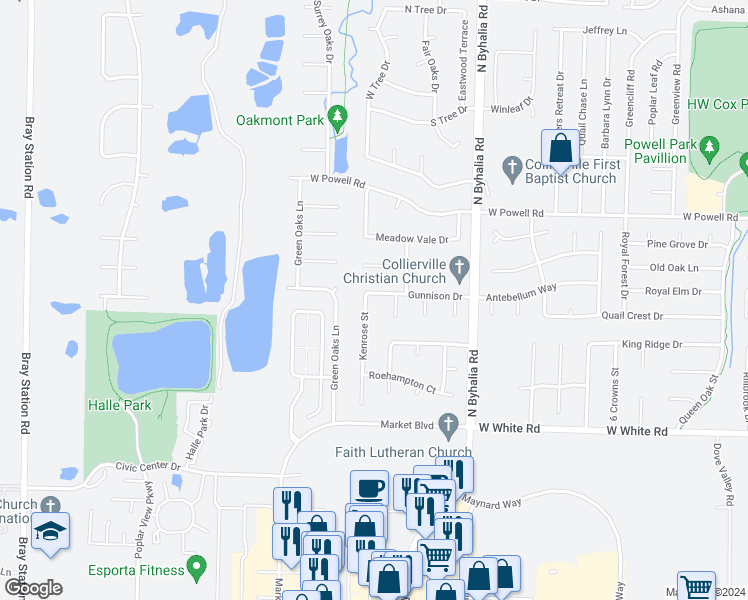 map of restaurants, bars, coffee shops, grocery stores, and more near 847 Gunnison Drive in Collierville