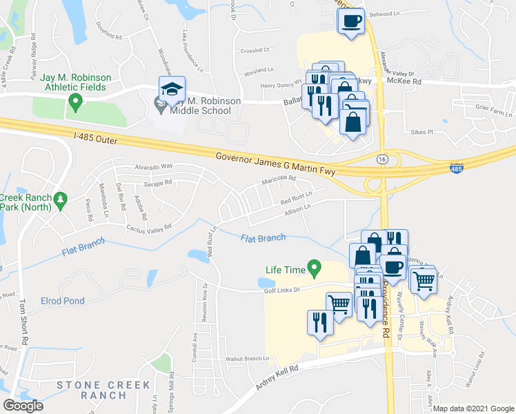 map of restaurants, bars, coffee shops, grocery stores, and more near 11048 Lucky Horseshoe Lane in Charlotte