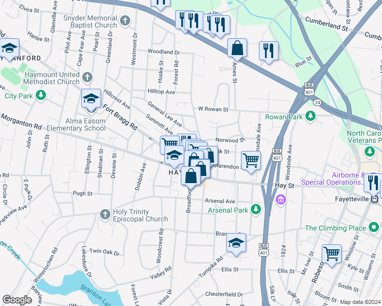 map of restaurants, bars, coffee shops, grocery stores, and more near 817 Mandolin Court in Fayetteville
