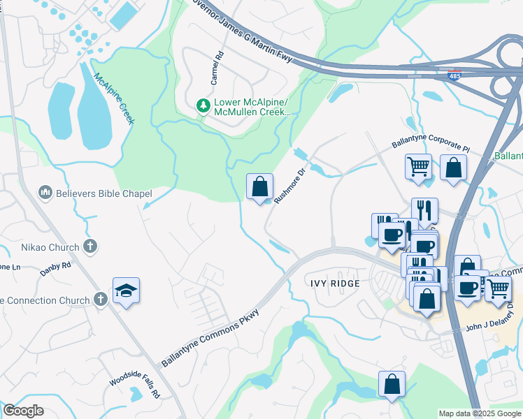 map of restaurants, bars, coffee shops, grocery stores, and more near 11001 Rushmore Drive in Charlotte