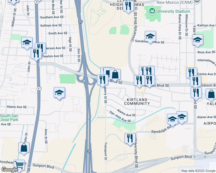 map of restaurants, bars, coffee shops, grocery stores, and more near 1300 Gerald Avenue Southeast in Albuquerque