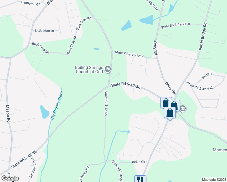 map of restaurants, bars, coffee shops, grocery stores, and more near 111 Thompson Creek Road in Boiling Springs