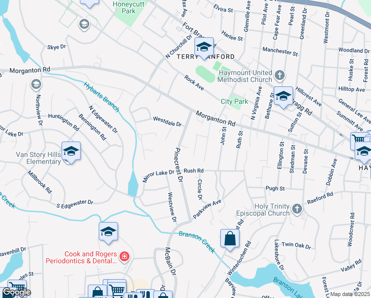 map of restaurants, bars, coffee shops, grocery stores, and more near 1409 Grace View Place in Fayetteville