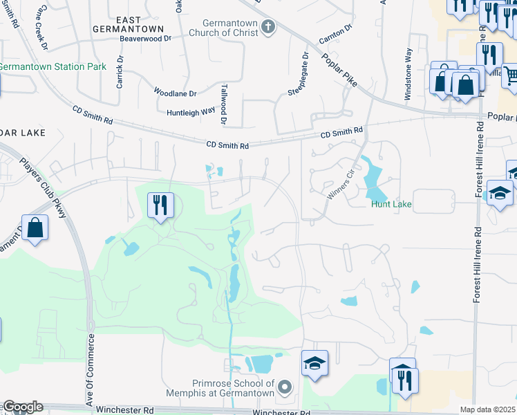 map of restaurants, bars, coffee shops, grocery stores, and more near 3333 Clubhill Drive in Memphis