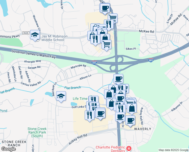 map of restaurants, bars, coffee shops, grocery stores, and more near 5301 Allison Lane in Charlotte