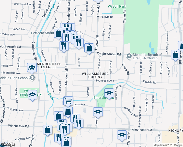 map of restaurants, bars, coffee shops, grocery stores, and more near 3319 Emerald Street in Memphis