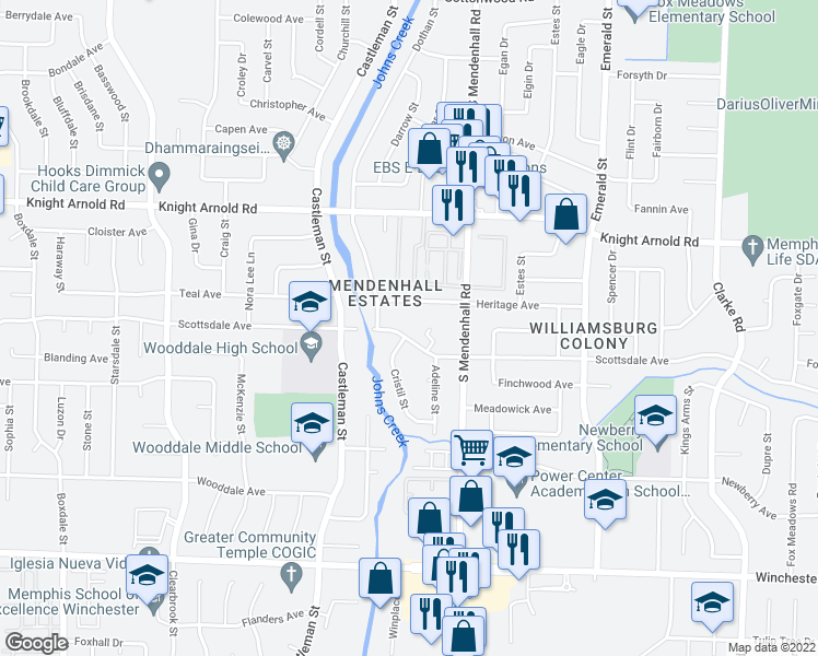 map of restaurants, bars, coffee shops, grocery stores, and more near 5258 Scottsdale Avenue in Memphis