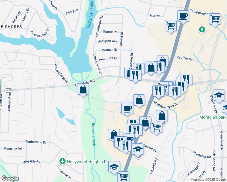 map of restaurants, bars, coffee shops, grocery stores, and more near 402 Woodstream Trail in Fayetteville