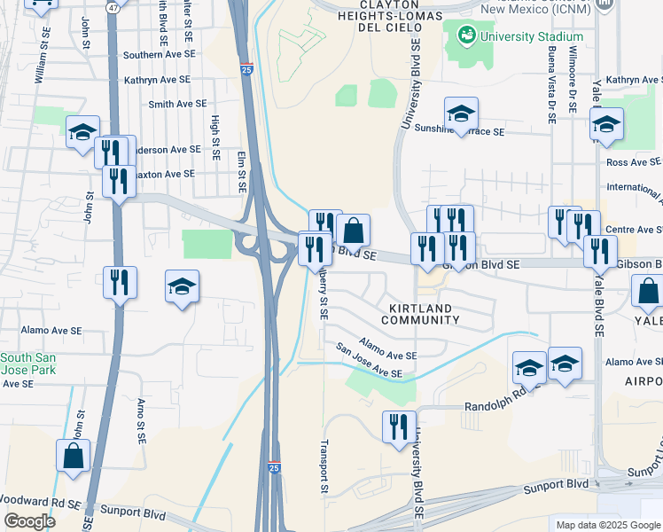 map of restaurants, bars, coffee shops, grocery stores, and more near 1300 Gerald Avenue Southeast in Albuquerque