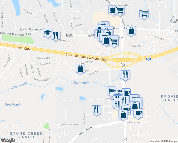 map of restaurants, bars, coffee shops, grocery stores, and more near 5458 Allison Lane in Charlotte