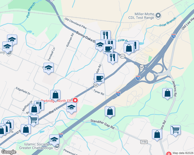 map of restaurants, bars, coffee shops, grocery stores, and more near 7505 Lee Highway in Chattanooga