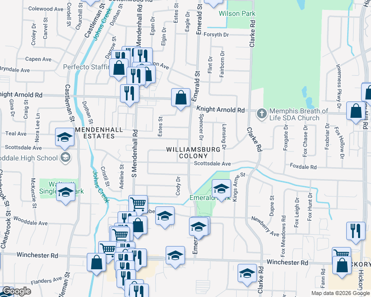 map of restaurants, bars, coffee shops, grocery stores, and more near 3319 Emerald Street in Memphis