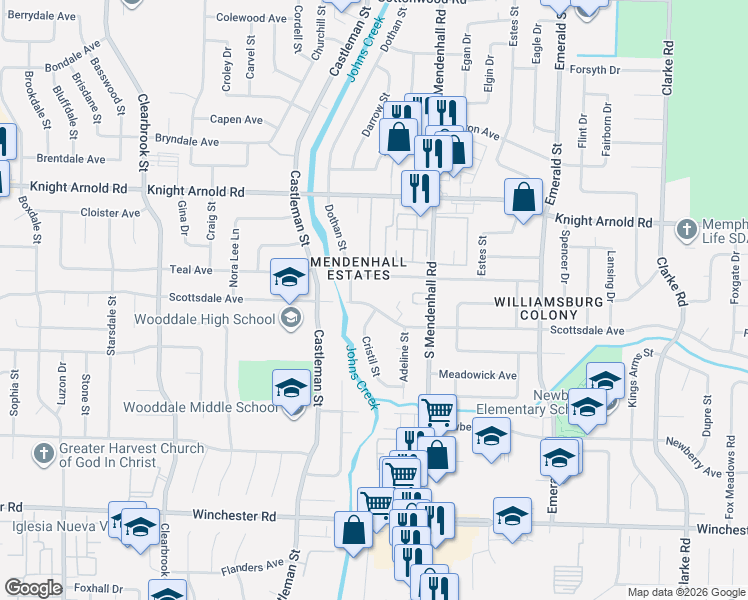 map of restaurants, bars, coffee shops, grocery stores, and more near 5237 Scottsdale Avenue in Memphis