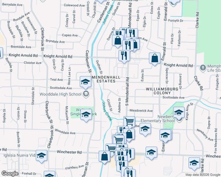 map of restaurants, bars, coffee shops, grocery stores, and more near 5237 Scottsdale Avenue in Memphis