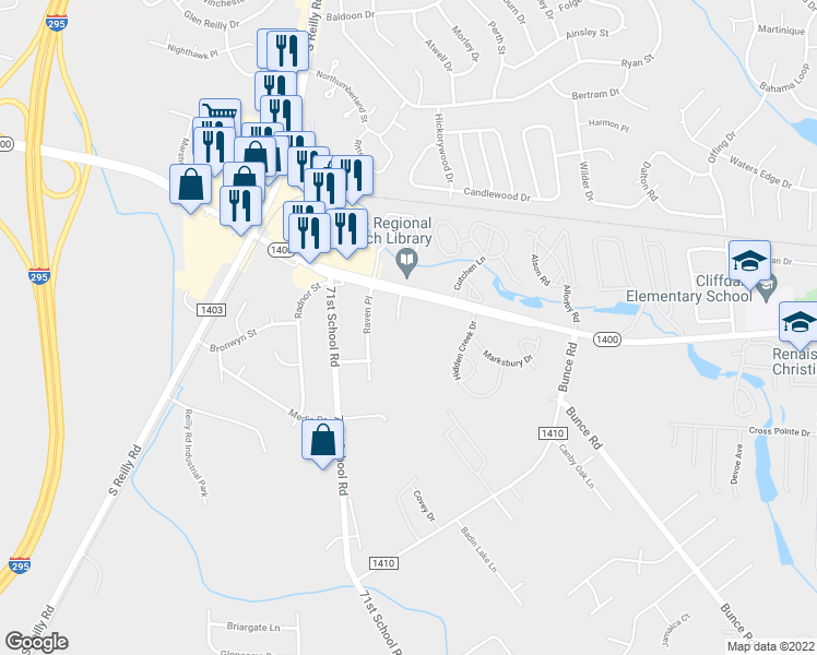 map of restaurants, bars, coffee shops, grocery stores, and more near 509 Cliffdale Court in Fayetteville