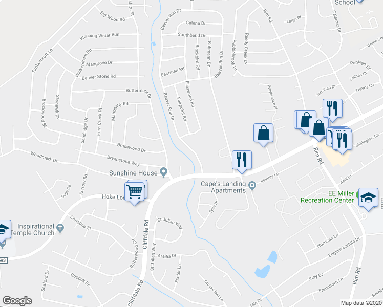 map of restaurants, bars, coffee shops, grocery stores, and more near 7474 Beaver Run Drive in Fayetteville