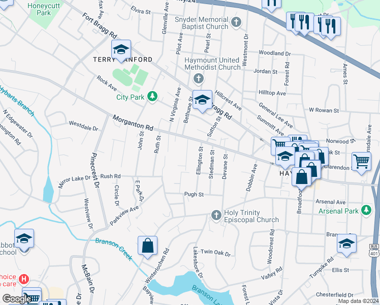 map of restaurants, bars, coffee shops, grocery stores, and more near 107 Lamb Street in Fayetteville