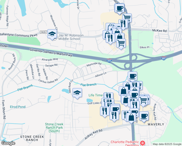 map of restaurants, bars, coffee shops, grocery stores, and more near 5458 Allison Lane in Charlotte