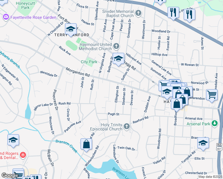 map of restaurants, bars, coffee shops, grocery stores, and more near 107 Lamb Street in Fayetteville