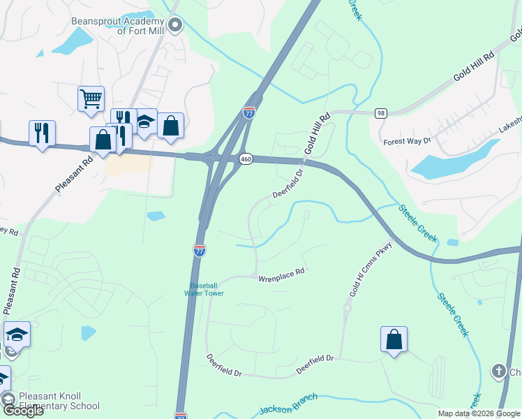 map of restaurants, bars, coffee shops, grocery stores, and more near 2342-2460 Deerfield Drive in Fort Mill