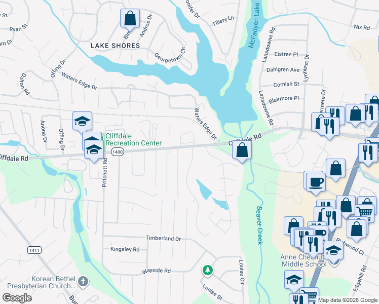 map of restaurants, bars, coffee shops, grocery stores, and more near 824 Crescent Commons Way in Fayetteville
