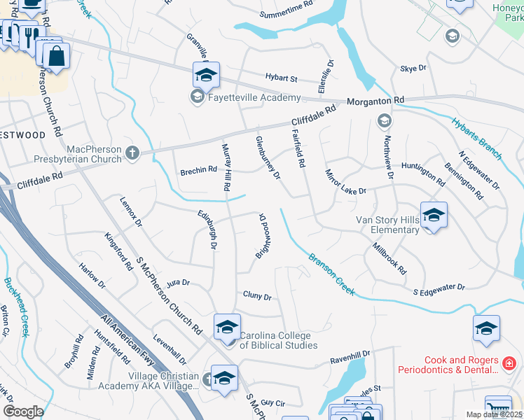 map of restaurants, bars, coffee shops, grocery stores, and more near 411 Brightwood Drive in Fayetteville