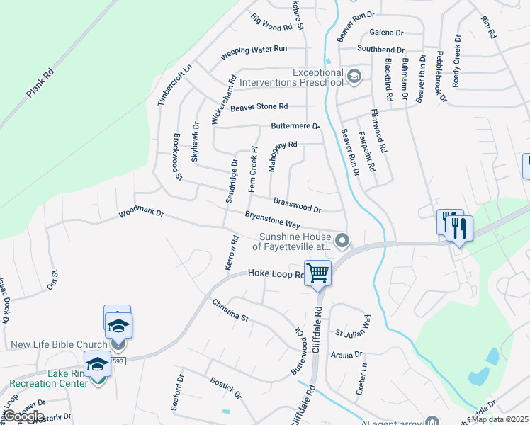 map of restaurants, bars, coffee shops, grocery stores, and more near 6852 Bryanstone Way in Fayetteville