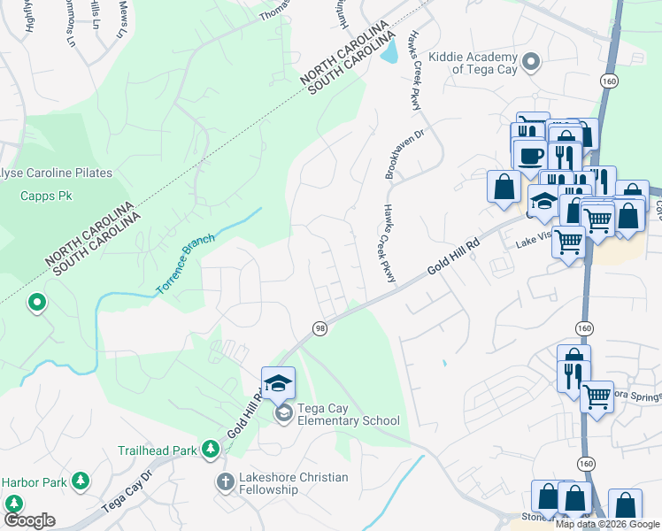 map of restaurants, bars, coffee shops, grocery stores, and more near 2032 Gold Hill Road in Fort Mill