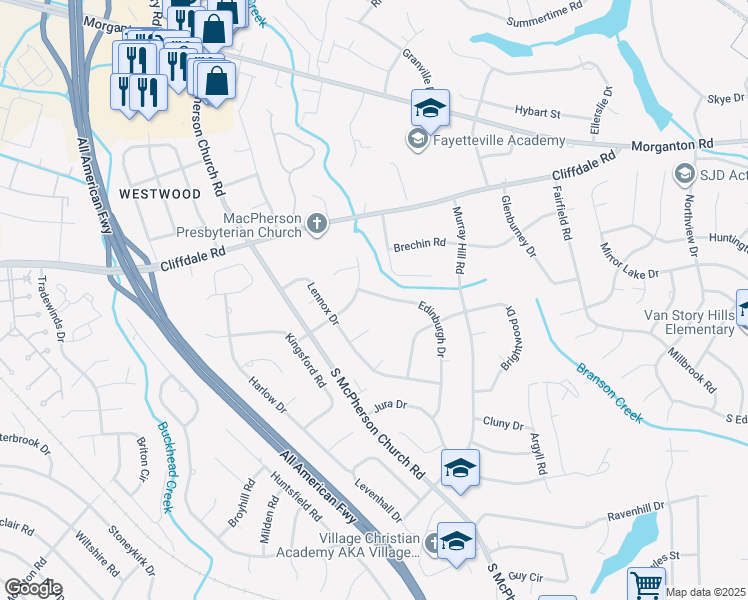 map of restaurants, bars, coffee shops, grocery stores, and more near 344 Edinburgh Drive in Fayetteville