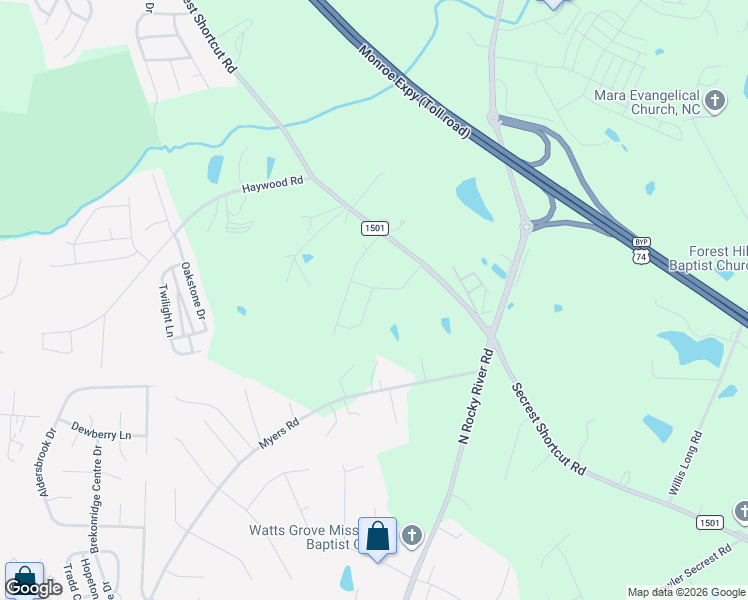 map of restaurants, bars, coffee shops, grocery stores, and more near 5303 Secrest Short Cut Road in Monroe