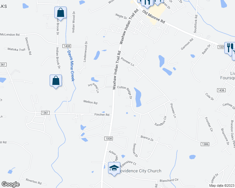 map of restaurants, bars, coffee shops, grocery stores, and more near 1003 Monaco Court in Indian Trail