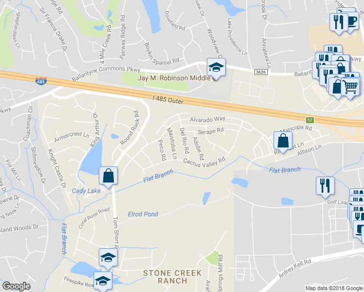 map of restaurants, bars, coffee shops, grocery stores, and more near 6510 Del Rio Road in Charlotte