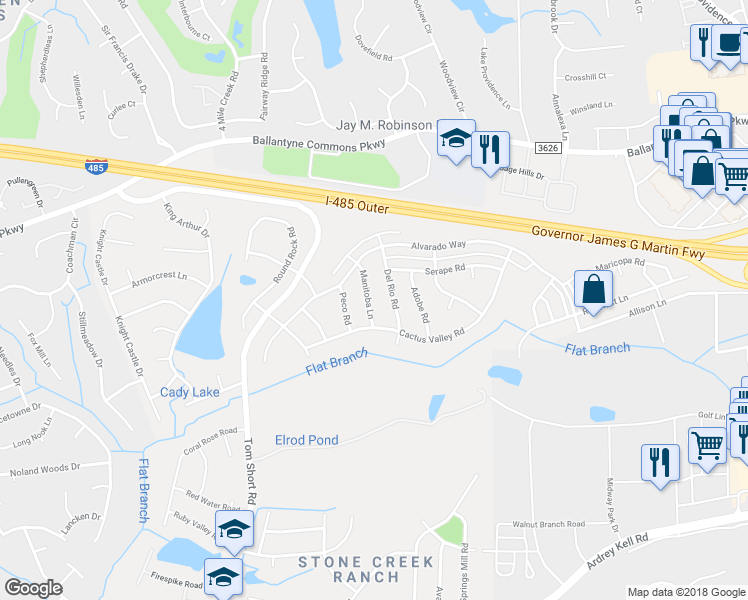 map of restaurants, bars, coffee shops, grocery stores, and more near 6507 Manitoba Lane in Charlotte