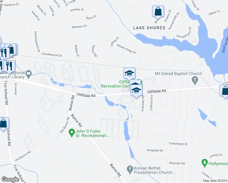 map of restaurants, bars, coffee shops, grocery stores, and more near 6005 Dunbridge Drive in Fayetteville