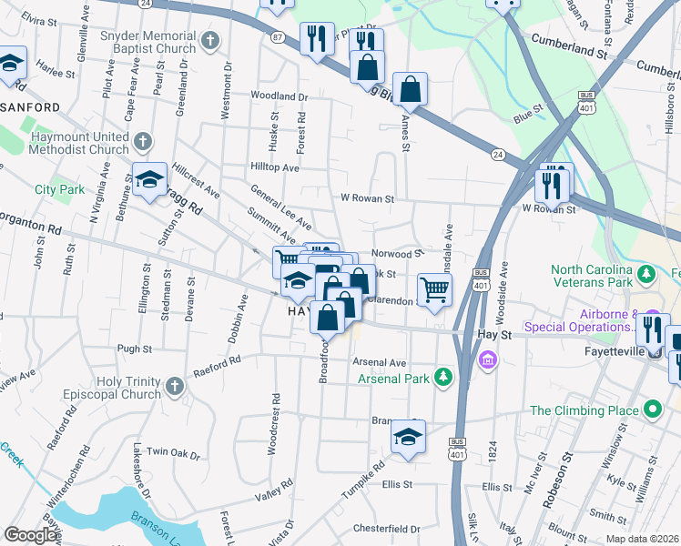 map of restaurants, bars, coffee shops, grocery stores, and more near 125 Oakridge Avenue in Fayetteville