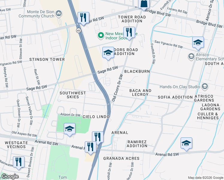 map of restaurants, bars, coffee shops, grocery stores, and more near 2804 Amalia Road Southwest in Albuquerque