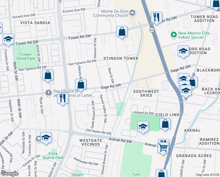 map of restaurants, bars, coffee shops, grocery stores, and more near 1315 Arroyo Hondo Street Southwest in Albuquerque