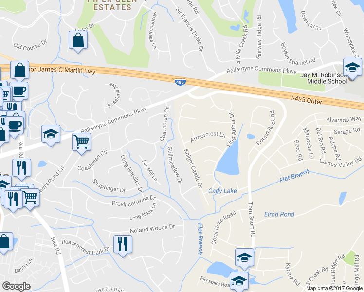 map of restaurants, bars, coffee shops, grocery stores, and more near 7012 Stillmeadow Drive in Charlotte