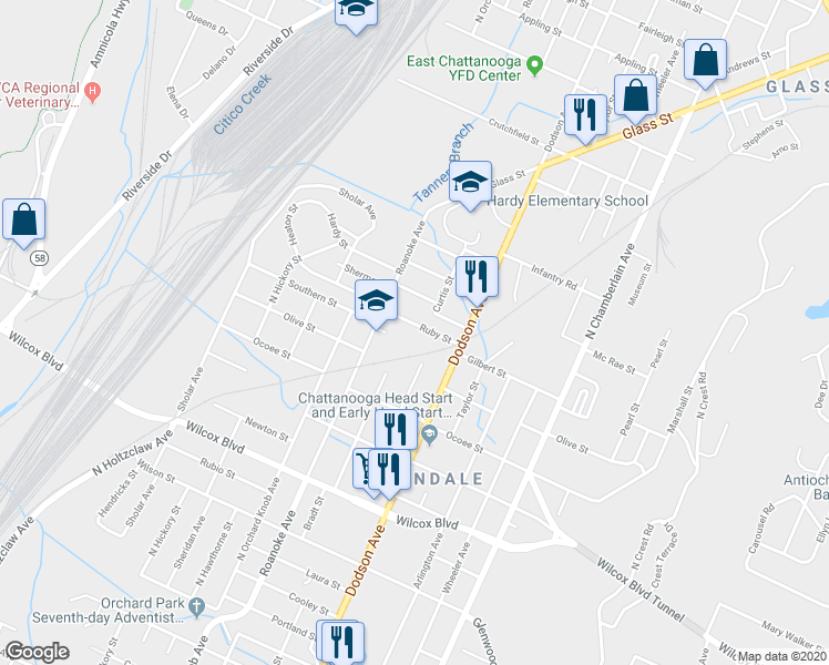 map of restaurants, bars, coffee shops, grocery stores, and more near 2020 Ruby Street in Chattanooga