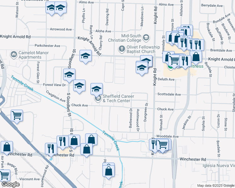 map of restaurants, bars, coffee shops, grocery stores, and more near 3316 Woodhollow Drive in Memphis