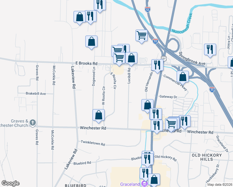 map of restaurants, bars, coffee shops, grocery stores, and more near 3334 East Rosita Circle in Memphis
