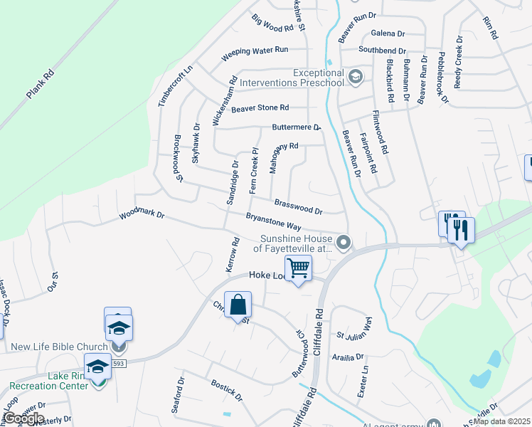 map of restaurants, bars, coffee shops, grocery stores, and more near 6852 Bryanstone Way in Fayetteville