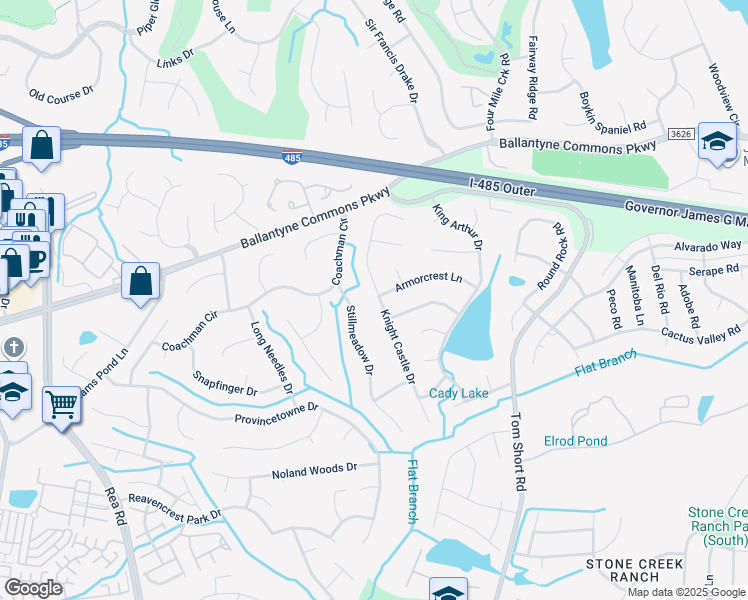 map of restaurants, bars, coffee shops, grocery stores, and more near 10820 Knight Castle Drive in Charlotte